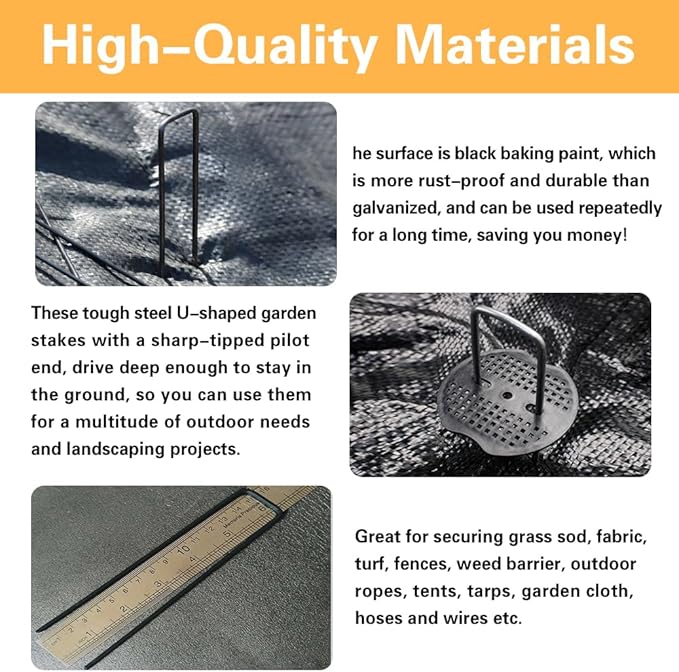 Bakulyor 150pcs Black Landscape Staples + 150pcs Buffer Washer, 6 Inch 11 Gauge Garden Stakes Staples, U Shaped Galvanized Lawn Pins Heavy Duty Yard Ground Pin for Weed Barrier Sod Fabric Decorations