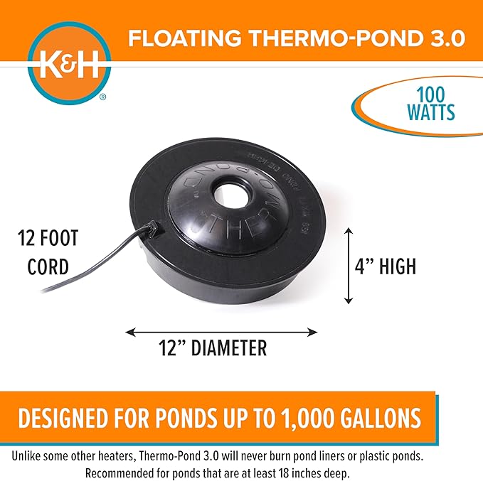 K&H Pet Products Pond Heater for Outdoor Ponds with Fish, Thermo-Pond 3.0 Deicer Keeps a Hold in the Ice for Oxygen Exchange for Live Fish, Energy Efficient, Safety Listed - 12in Black 100W