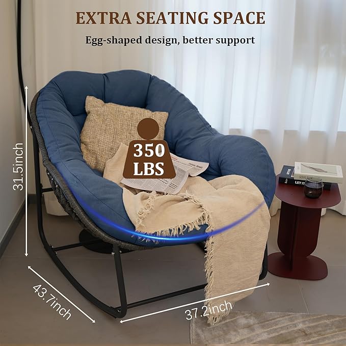 Oversized Rocking Chair Outdoor Set of 2, Rocking Papasan Chair, Patio Egg Chair with Padded Cushion, Outdoor Wicker Rocking Chair for Front Porch, Garden, Patio (Navy Blue)