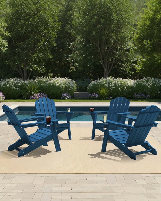 Adirondack Chairs Set of 4, HDPE Material Fire Pit Chairs, Plastic Adirondack Chairs with 2 Cup Holder, Outdoor Lawn Chair for Patio Garden, Navy Blue
