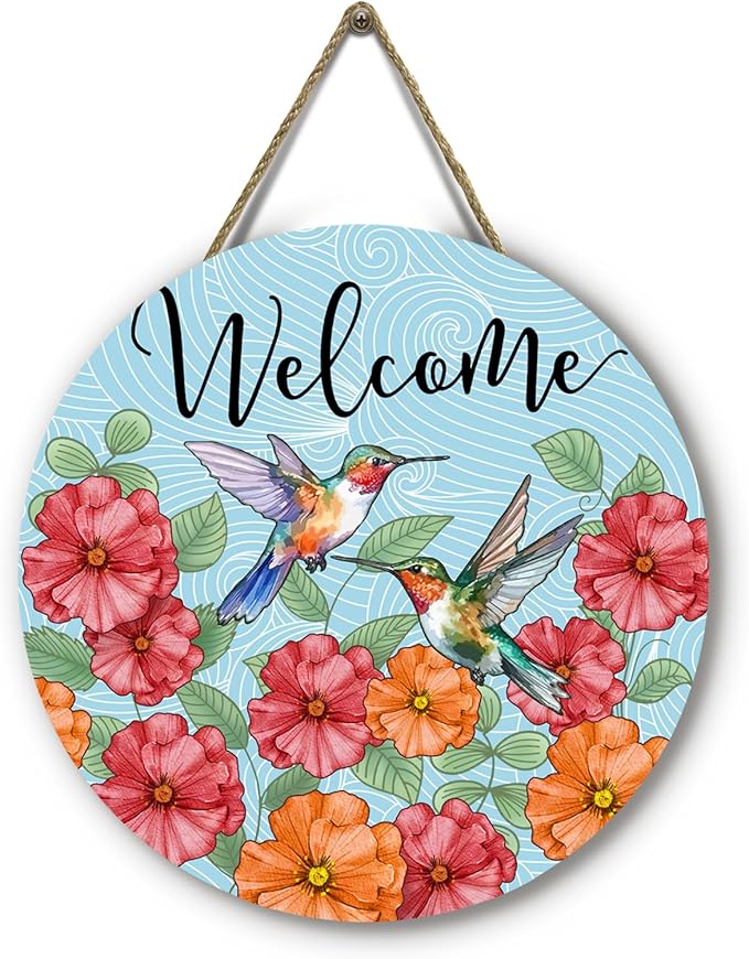 Summer Hummingbird Welcome Door Sign Floral Birds Sign for Front Door Wall Decor Summer Flower Wooden Door Hanger Seasonal Wreath Farmhouse Hanging Home Outdoor Decorations 12 Inch
