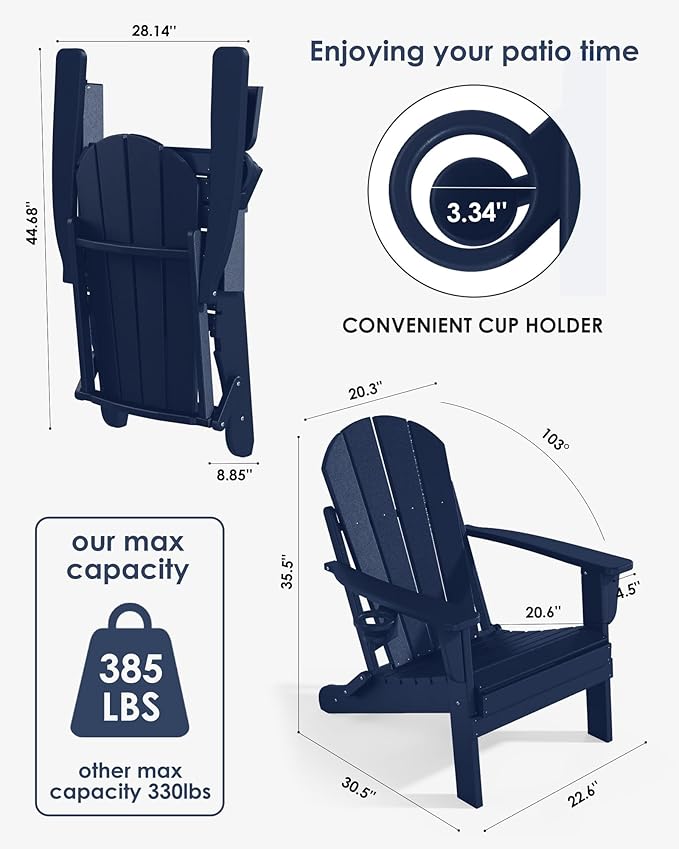Folding Adirondack Chairs, All-Weather Resistant HDPE Patio Firepit Chairs, Sturdy Outside Chairs with Cup Holder, Lawn Chairs, 80% Pre-Installed Load Capacity 385lb, Navy Blue