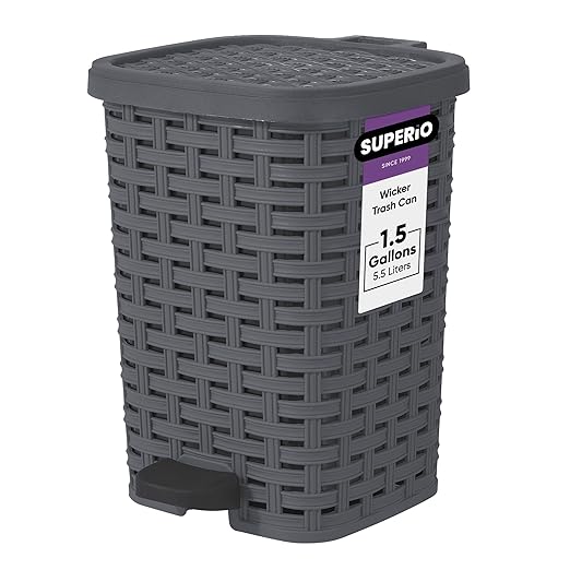 Superio Mini Trash Can with Foot Pedal Small Outdoor Garbage Can with Lid, 1.5 Gallon Plastic Waste Basket for Bathroom, Bedroom, Kitchen, Office, Patio (Wicker Grey 6 QT.)