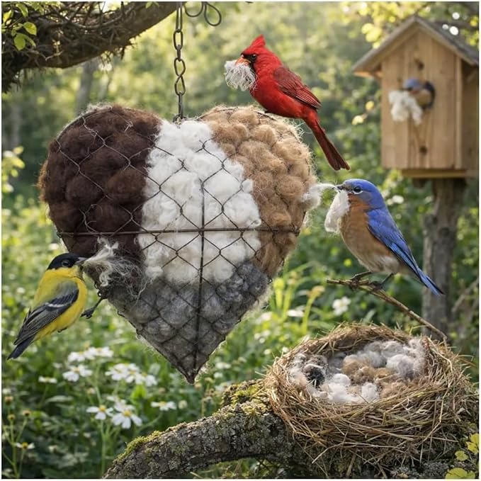 Handmade Fiber Bird Nesting Heart, Birds Nests Material Holder, Winter Tree Shelter for Wild Bird, Hummingbird Houses Nest Boxes for Outside Art Birdhouse