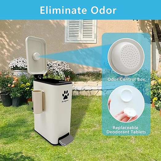 Dog Poop Trash Can Outside with Magnetic Bag Dispenser-Metal Dog Waste Container Odor Control- Rust Proof& Waterproof-Outdoor Waste Trash Can with Lid-Garbage Can&Foot Pedal-Pet Poop Bucket Soft Close