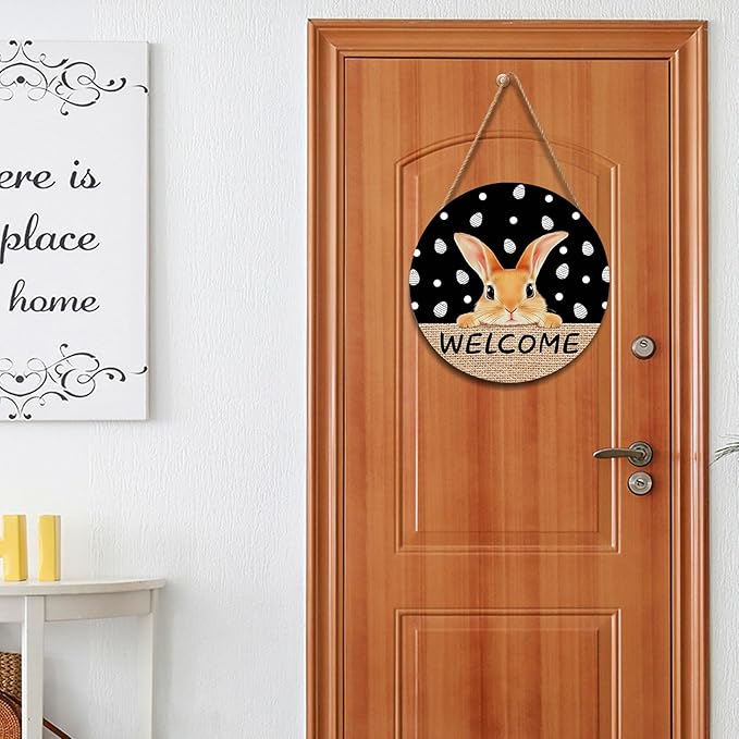 Welcome Door Sign For Front Door Decor,Easter Bunny Eggs Black Wooden Sign 12"x 12" Round Easter Hanging Door Sign Decoration for Wall Rustic Decor