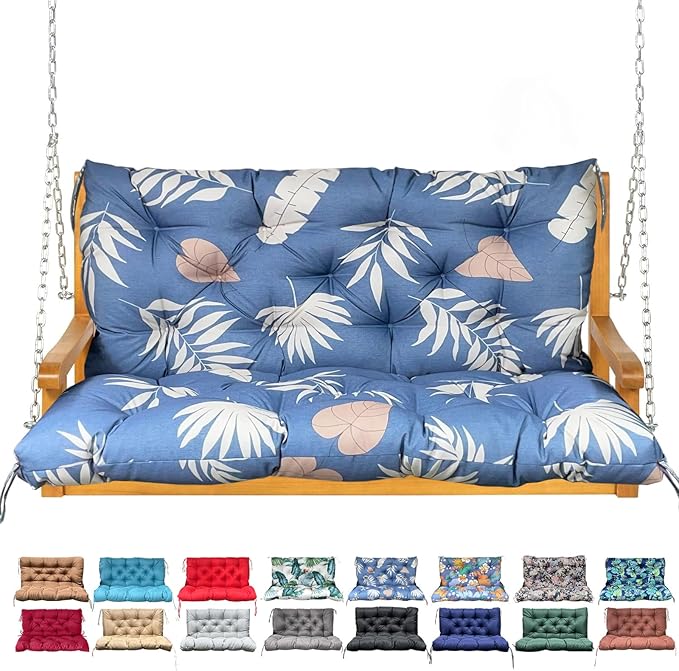 Porch Swing Cushion with Backrest,Waterproof Bench Cushion for Outdoor Furniture,2-3 Seater Replacement Thickened Swing Cushion with Ties,Patio,Outdoor,Backyard and Garden (Tropical Leaf,60x40")
