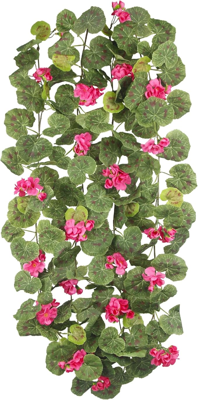 CISDUEO 2 Pcs Spring Summer Flower Garland Geranium Artificial Garland Outdoors Rose Red Geranium Artificial Flowers UV Resistant Hanging Basket Floral Garland for Porch Farmhouse Centerpiece Decor