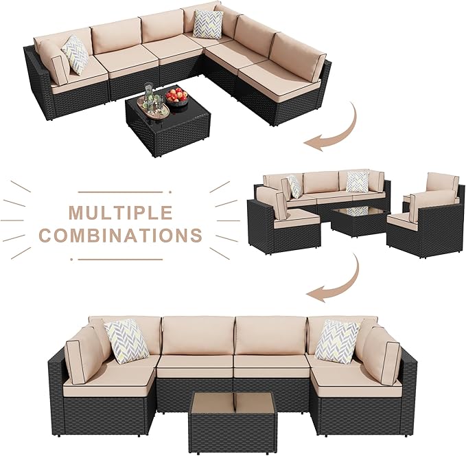 JAMFLY 7-Piece Outdoor Patio Furniture Set, Modular PE Rattan Sectional Sofa with Thick Cushions & Glass Coffee Table, Weather-Resistant Wicker Conversation Set for Poolside, Balcony, Garden, Khaki