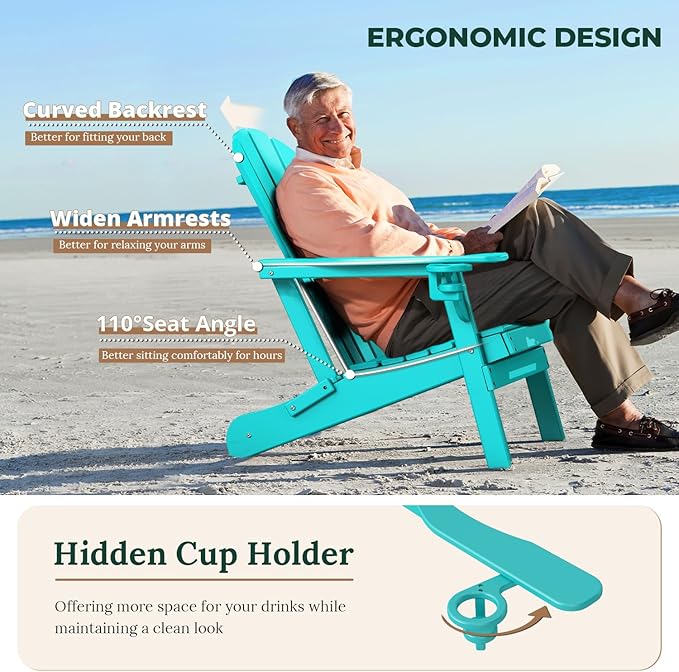 BRIOPAWS Folding-Adirondack-Chairs Set of 2 | HDPE Plastic | Fire Pit Chair | Cup Holder | Curved Back | All Weather| for Outdoor Backyard Deck Patio | Aqua