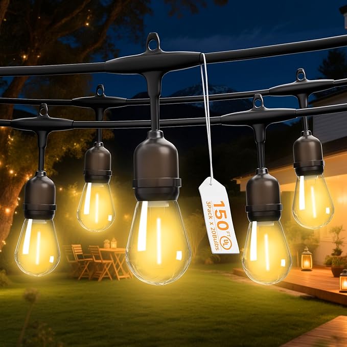 Outdoor Safety String Lights 150FT - Commercial Grade Low Voltage Strand with 60 S14 Shatterproof Bulbs for Tree Garden Yard bistro Cafe | Warm Yellow 3500K Party Lights | IP65 Waterproof | UL Listed