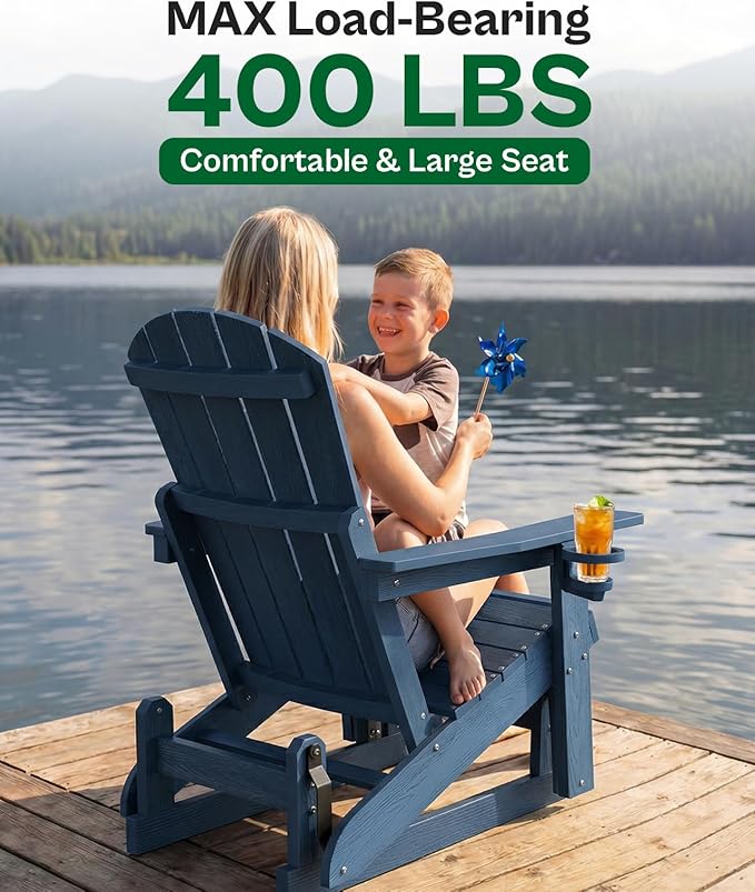 3-Position Adjustable Adirondack Chair with Cup Holder Set of 6, HDPE All-Weather Outdoor Glider Chair, Wood-Grain Fire Pit Chairs for Pool, Yard, Deck (Blue)