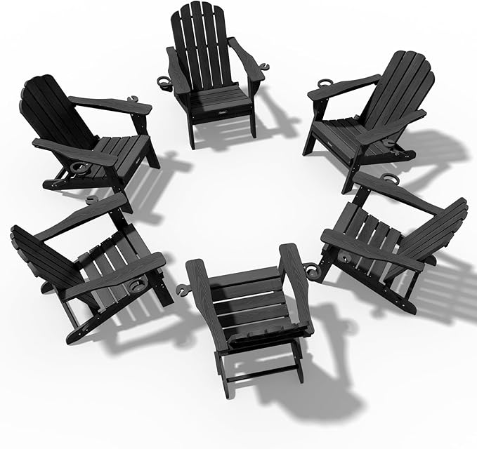 Adirondack Chairs Set of 6, HDPE Material Fire Pit Chairs, Plastic Adirondack Chairs with 2 Cup Holder, Outdoor Lawn Chair for Patio Garden,Black