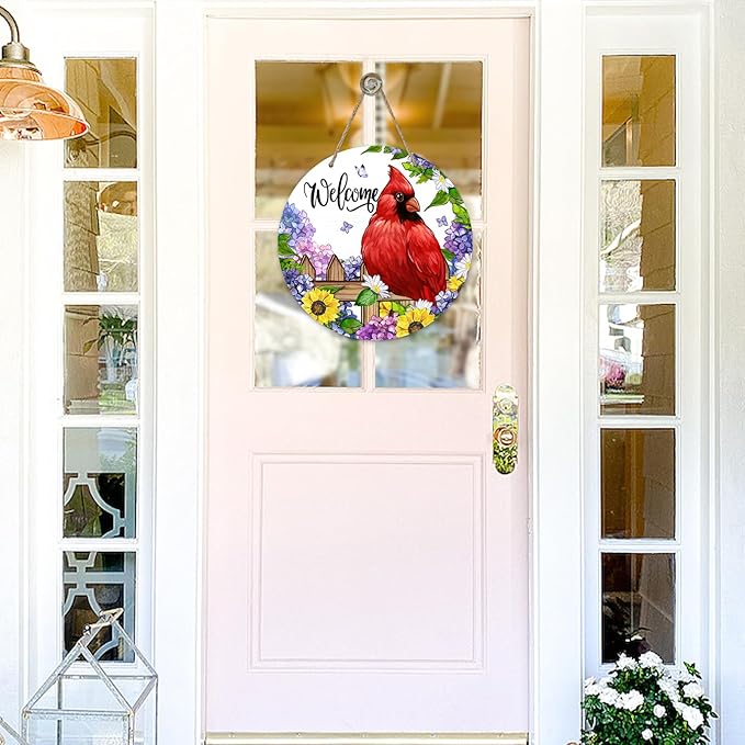 Welcome Spring Summer Cardinal Front Door Sign, Red Bird Hydrangea Sunflower Wood Door Hanger Outdoor Outside Porch Decor, Daisy Flower Seasonal Wooden Wreath Indoor Wall Hanging Decoration