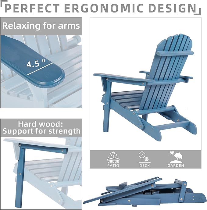 Outdoor Wooden Folding Adirondack Chair with Retractable Ottoman, Wood Patio Chair with Footrest for Garden Backyard Porch Pool Deck Firepit