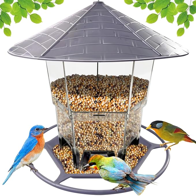 Bird Feeders for Outside, Adjustable Feeder with Sturdy Wire and Roof, Plastic Birds Feeder for Garden, Backyard, Terrace