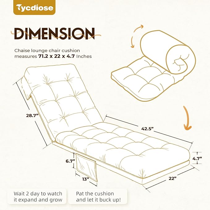 Outdoor Lounge Chair Cushion, Waterproof Replacement Chaise Lounge Cushions for Outdoor Furniture Thickened 71 x 22 x 4.7 Inches Non-Slip Patio Pool Lounge Chair Cushions with Ties (Khaki)