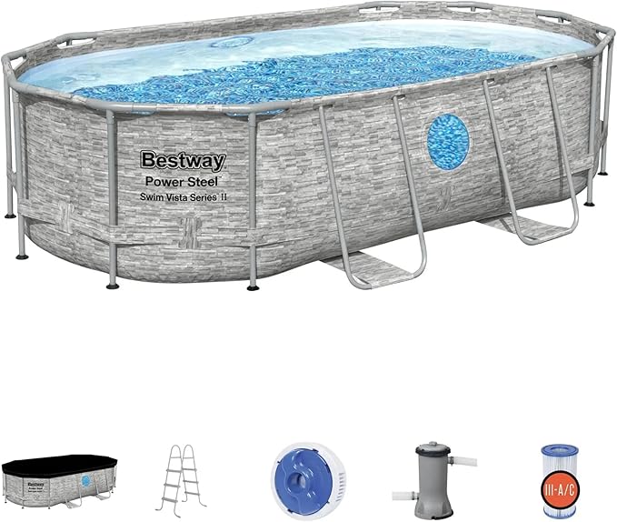 Bestway 7 Colored LED Relaxing Waterfall Cascade Pool Accessory & Power Steel Swim Vista 14' x 8' x 39.5" Oval Outdoor Above Ground Swimming Pool Set