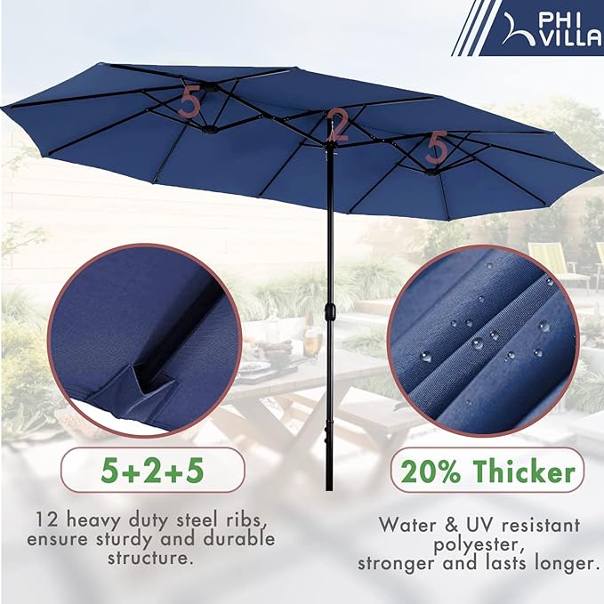 PHI VILLA 7 Piece Patio Dining Furniture Set with Umbrella, 60” Rectangular Metal Dining Table & 6 Cushioned Rattan Wicker Chairs & 13ft Large Blue Umbrella for Outdoor, Deck, Yard, Porch