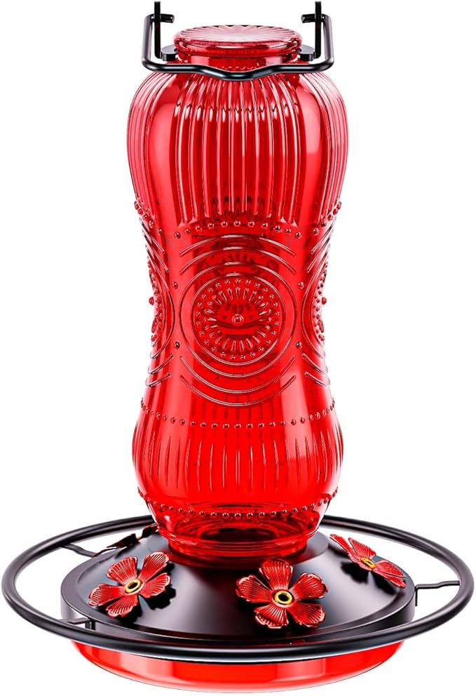 25 Ounces Hummingbird Feeders for Outdoors Hanging, Vintage Style Glass Humming Bird Feeder with Ant Moat & 5 Feeding Ports