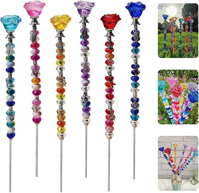 140Pcs DIY Fairy Wand Beaded Garden Stakes Kit Fairy Wands Kit for Different Festivals Fairy Garden Accessories Outdoor Fairy Garden Stakes Decorative (Rose)