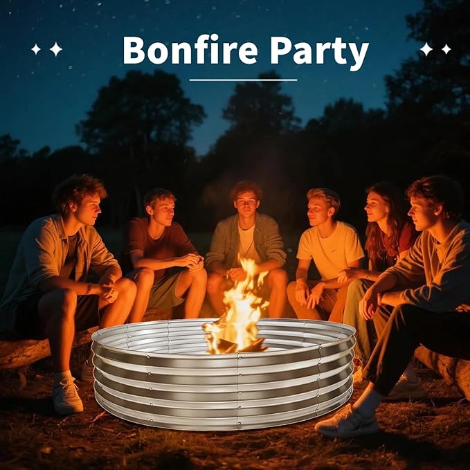 48 Inch Round Galvanized Fire Pit Ring, Durable Steel Bonfire Ring for Backyard, Patio & Camping, Weatherproof & Quick Setup (4×4×1 FT)