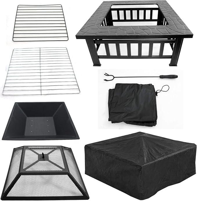 ZENY 32 inch Outdoor Fire Pit with Grill for Outside Wood Burning, Square Metal Outside Fireplaces, Spark Screen and Poker Included for Backyard Patio Camping Bonfire