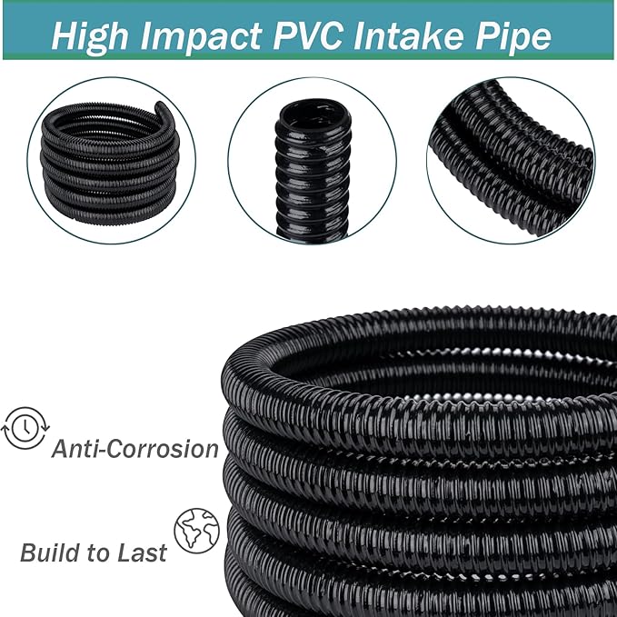 Pond Tubing 2” × 10ft- Black Corrugated Flexible PVC Hose, Kinkproof & Strong for Garden Ponds, Waterfall Sump Pump Pond Hose