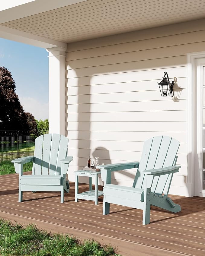 GarveeLife Folding Adirondack Chairs, HDPE Outdoor Patio Chairs All Weather Resistant with Wood Texture for Fire Pit, Deck, Patio, Pool, Backyard - Light Blue