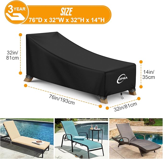 Kipiea Waterproof Patio Lounge Chair Covers for Outdoor Furniture, Heavy Duty Outdoor Chaise Lounge Cover with Anti UV and No Tears, No Fading (76"D x 32"W x 32"H)