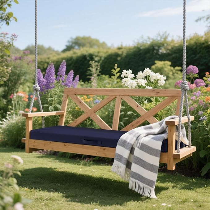 SHACOS Outdoor Bench Cushions 54 x 16 x 3.2 Inch Thick Bench Cushion, Waterproof Fade-Resistant Removable Cover with Ties Piping Edge, Bench Seat Cushions for Patio Porch Furniture, Navy