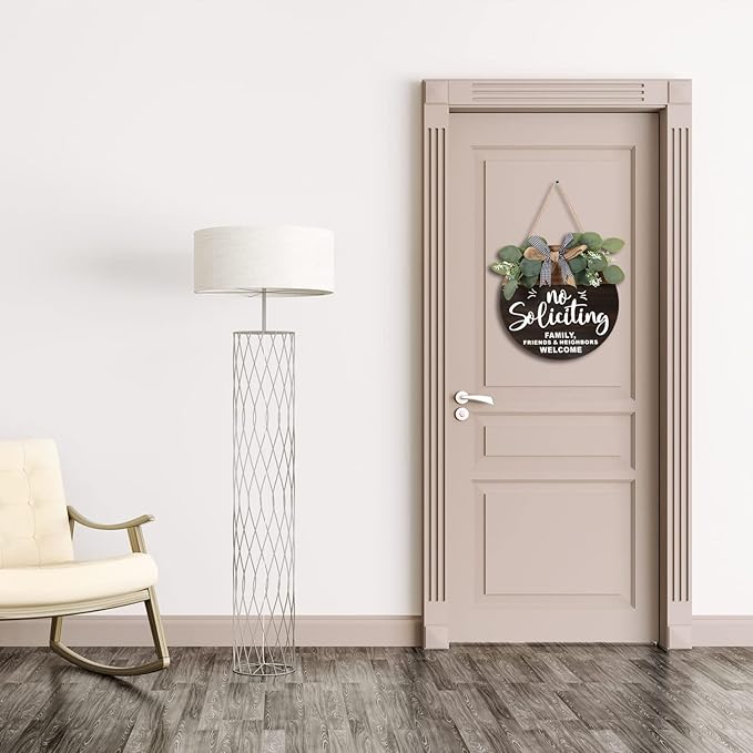CHDITB 3D No Soliciting Front Door Hanging Sign (12”x12”), Family Friends Neighbors Welcome Wreath with Bow Eucalyptus Leaves, Rustic No Solicitior Solicition Door Hanger Decor for House Door Porch