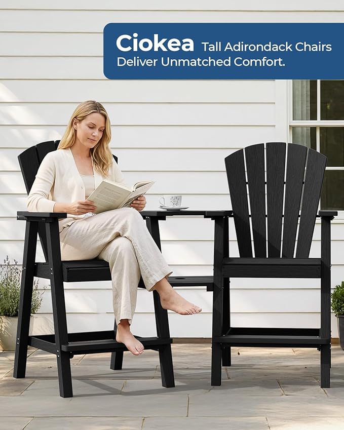 Ciokea Tall Adirondack Chairs Set of 2, HDPE Outdoor Adirondack Bar Stools with Double Connecting Tray, Weather Resistant High Back Adirondack Balcony Chairs for Deck, Lawn, Pool, Backyard, Black
