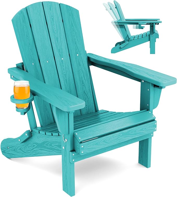 SERWALL Adjustable Folding Adirondack Chair, Reclining Adirondack Chair with Cup Holder, Aruba