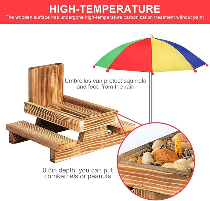Gnodary Squirrel Feeder with Umbrella, Squirrel Feeders for Outside, Squirrel Picnic Table Feeder - Chipmunk Feeder Hold Corn, Corn Cob, Peanuts Style2 (Red)