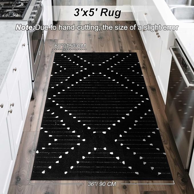 LIVEBOX Boho Black Rug for Kitchen,3x5 Washable Area Rug for Entryway,Moroccan Cotton Throw Rugs Morden Indoor Carpet Large Door Mat for Front Porch