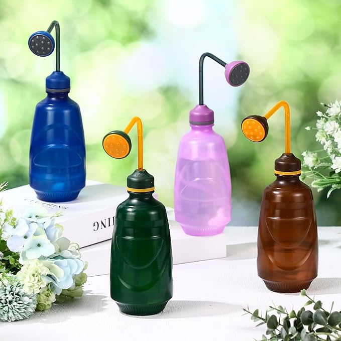 4 Pcs Small Watering Can for Seedlings Indoor Plant Flower Watering Pot 0.45L Succulent Squeeze Sprinkling Bottle for House Bonsai Spray(Brown, Pink, Green, Blue)