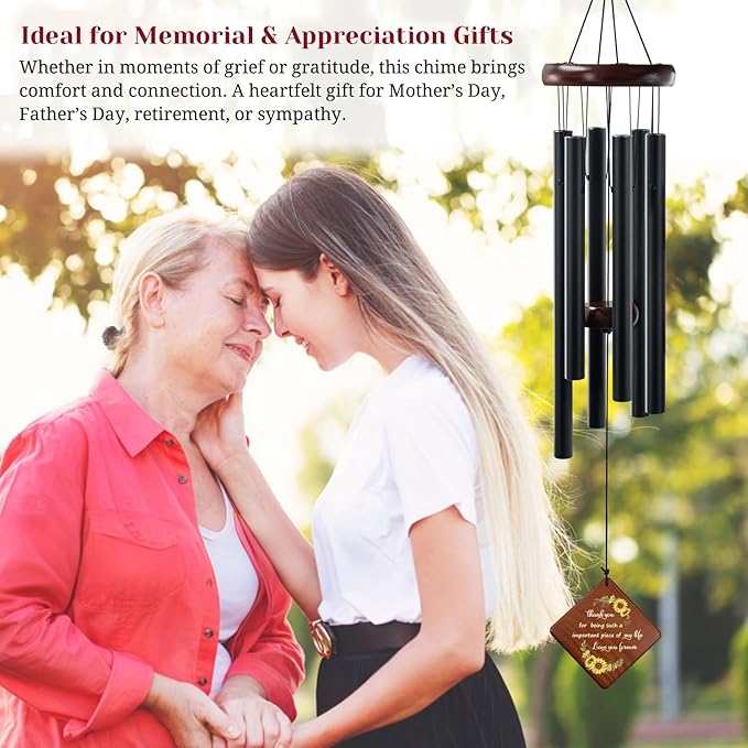 Sunflower Wind Chime with Thank You Quote Important Piece of My Life, Memorial Gift for Mom, Dad, Teacher, Friend or Farewells, 36" Outdoor Sympathy Chimes for Remembrance & Comfort