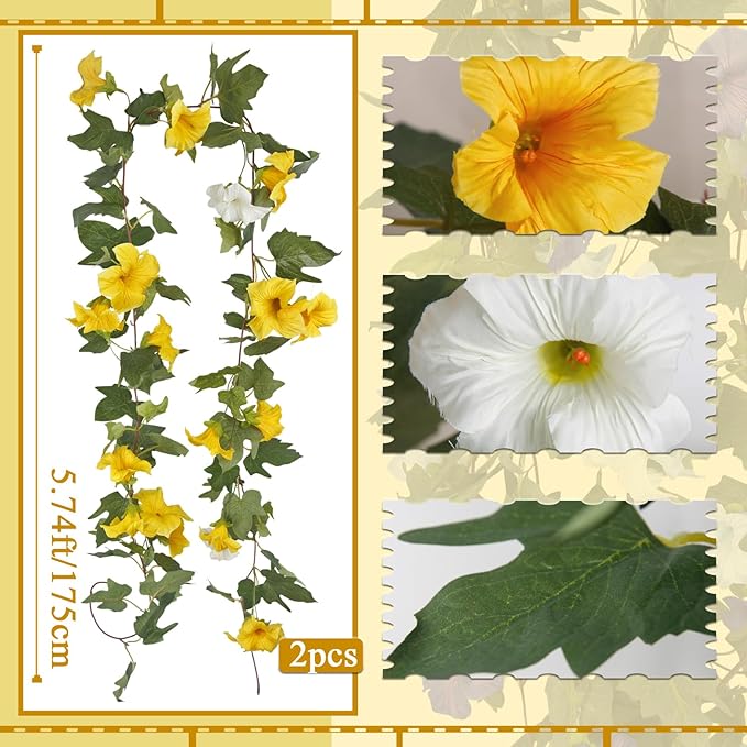 CISDUEO 2 Pcs Artificial Vines for Outdoors Silk Morning Glory Garland 11.5 Ft Hanging Flowers Plants Yellow and White Fake Petunias Vines for Indoor Home Decor Wall Fence Mantle Stairway Mailbox
