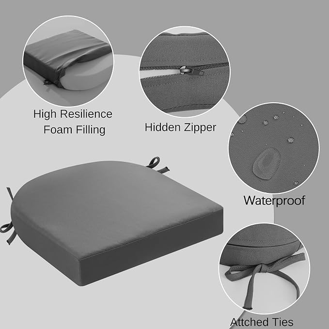 idee-home Outdoor Chair Cushions Set of 2, Thick 17" x 17" x 3" Outdoor Seat Cushion Patio Furniture Waterproof with Ties, Patio Chair Pads Dining Medium Grey