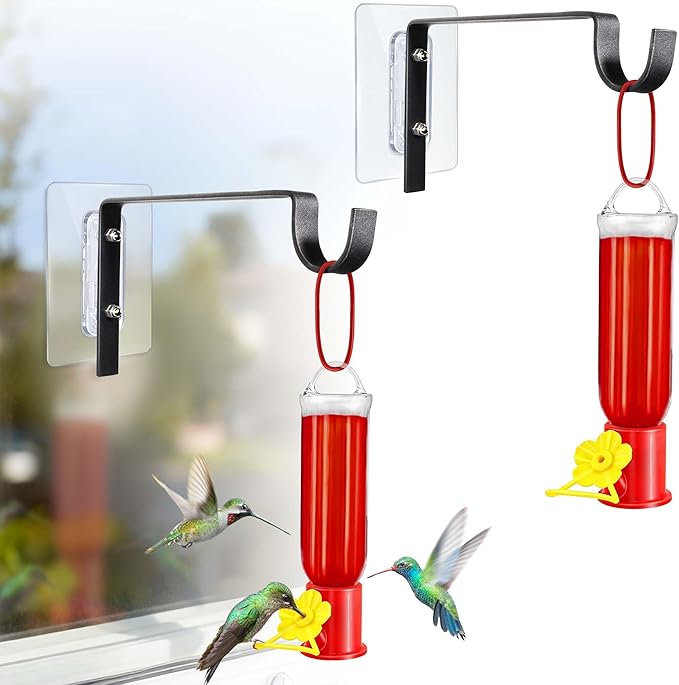 Window Hummingbird Feeder Hanging - 2 Pack Hummingbird Feeders with Window Mount Metal Hook, Easy to Clean and Refill - Small Plastic Hummingbird Feeder for Outdoors Garden Decor