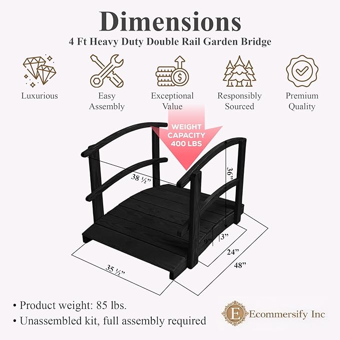 4 FT Black Amish Made Garden Bridge with Double Rails for Walkway, Backyard Pond & Landscaping, Outdoor Wooden Footbridge for Koi Pond, Japanese Style Decorative Bridge, Made in USA