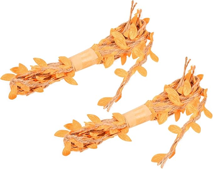 PATIKIL 6.6ft 5mm Burlap Leaf Ribbon, 2 Pack Braided Decoration Vine Natural Jute Rope Twine with Artificial Leaves for Jungle Wedding Party Home Garden Decor, Orange