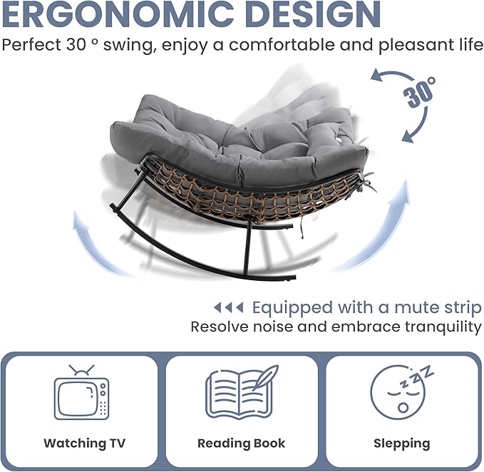 COSIEST Oversized Papasan Rocking Chair with Extra Thick Cushion - 58 in Rattan Wicker Egg Chair for Indoor/Outdoor Use, Swivel Lounge Chair for Patio, Living Room, Bedroom, Grey