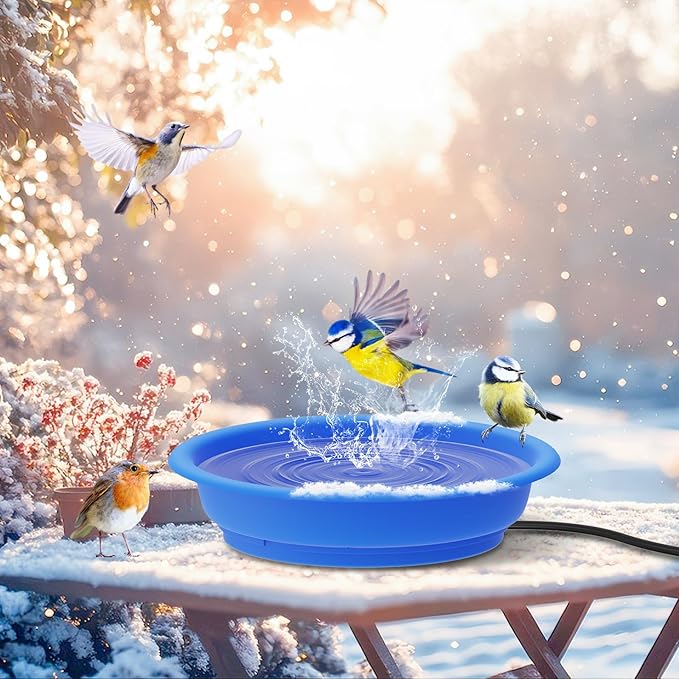 Heated Bird Bath Bowl for Outside,100W Thermostatically Controlled Heated Birdbath Single Bowl Water Heated Bird Bath for Outdoor Winter Garden Patio Yard Lawn Deck(Blue)