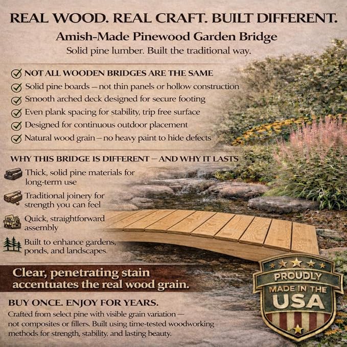 6 FT NATURAL Amish Made Pinewood Heavy Duty Garden Bridge for Walkway, Backyard Pond & Landscaping, Outdoor Wooden Footbridge for Koi Pond, Japanese Style Decorative Bridge, Made in USA