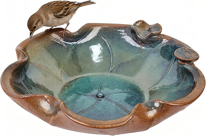 Ceramic Bird Bath and Feeder, Heavy Duty 12.5-Inch Ground Feeding Bowl, Wildlife Water Station for Squirrel Rabbit Bird Bee - Garden, Yard, Balcony Décor