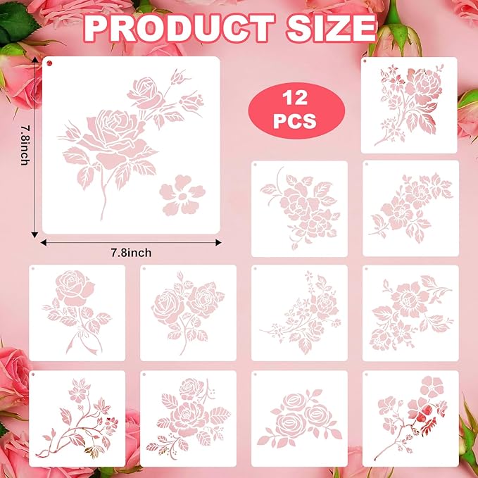 12 PCS Rose Flower Stencils Reusable Rose Cherry Blossom Templates, Plastic Floral Pattern Stencils for Painting on Wood Floor Wall DIY Crafts Home Decorations 7.8 X 7.8 Inch