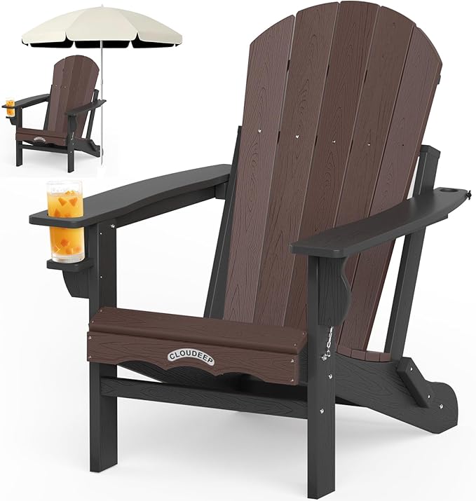 Folding Adirondack Chair –Recyclable HDPE Outdoor Adirondack Patio Chair with Cup Holder, Wood Texture & Umbrella Hole, 25-Year Fade-Free All Weather for Fire Pit, Porch, Poolside, Deck, Brown & Black