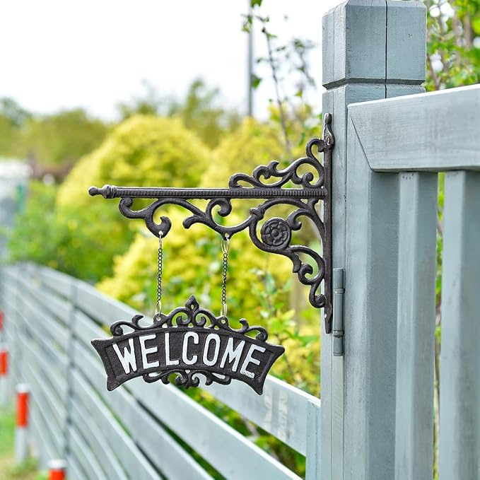 Sungmor Vintage Cast Iron Hanging Welcome Sign, Ornate Wall Bracket Hanger Outdoor Welcome Plaues, Rustic Wall Mounted Front Door Hanging Sign, Decorative Garden Yard Sign